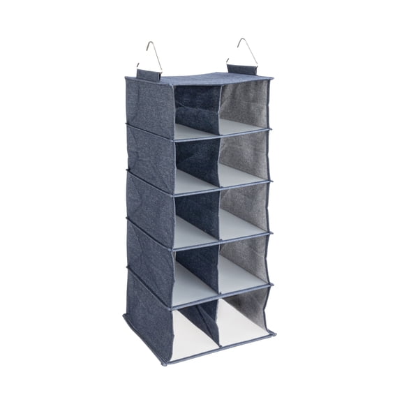 Household Essentials Hanging Cotton Blend and Plastic Closet Shoe Organizer with 10 Storage Compartments, Denim