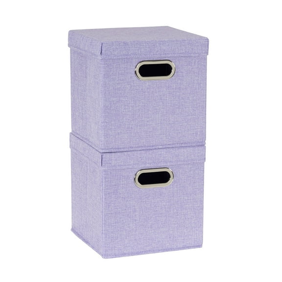 Household Essentials Storage Bins with Lids and Chromed Grommet Handles, Set of 2, Light Purple Textured Linen Look, Fits Standard Cube Shelves