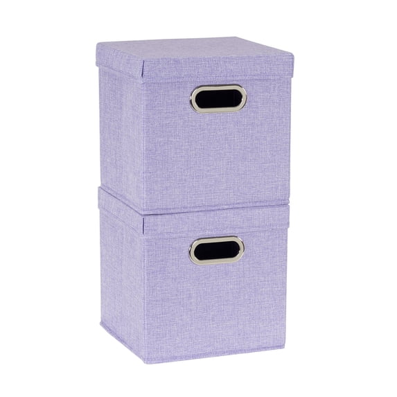 Household Essentials Storage Bins with Lids and Chromed Grommet Handles, Set of 2, Light Purple Textured Linen Look, Fits Standard Cube Shelves