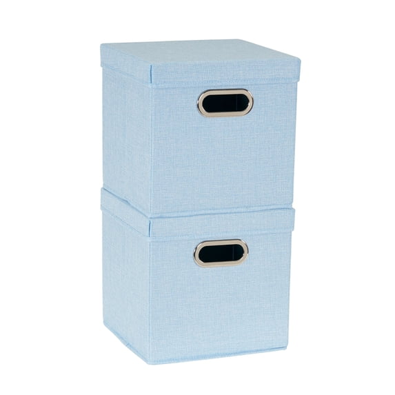 Household Essentials Storage Bins with Lids and Chromed Grommet Handles, Set of 2, Light Blue Textured Linen Look, Fits Standard Cube Shelves