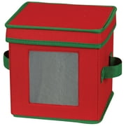 Household Essentials Holiday Saucer Storage Box, Holds 12 Saucers with Felt Protectors, Windowed Panel, 2 Riveted Handles, Foldable and Stackable Box, Red with Green Trim