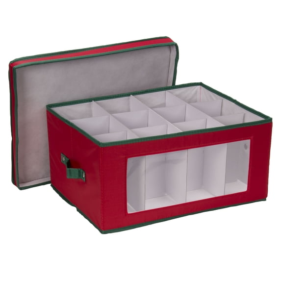 Household Essentials Holiday Wine Glass Storage Box, Strong Frame and Handles, Windowed Panel, Fully Removable Lid, Stackable and Foldable, Perfect for Wider Stemware, Red with Green Trim