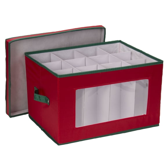 Household Essentials Holiday Stemware Storage Box, Windowed Storage with Lid, 12 Storage Compartments, Double Handles, Perfect for Storing Special Occasion Glassware, Red with Green Trim