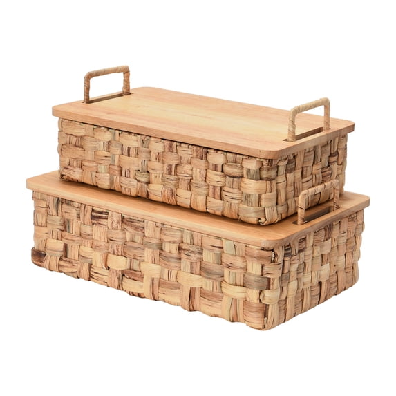Household Essentials Household Essentials Stackable Hyacinth Baskets with Oak Lids, Natural Set of 2