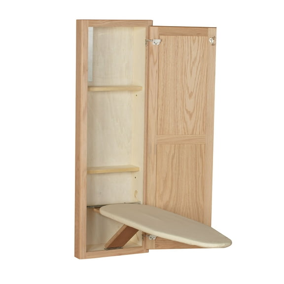 Household Essentials Ironing Board Cabinet, In-Wall Recessed Ironing Board Cabinet with Storage Shelves, Unfinished Wood