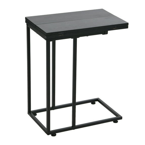 Household Essentials Jamestown Extendable C-Shaped for Accessiblity Side End Table Black Oak Wood Grain and Black Metal