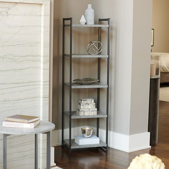 Household Essentials 5-Tier Tall and Narrow Decorative Item Display Bookshelf, Faux Gray Slate