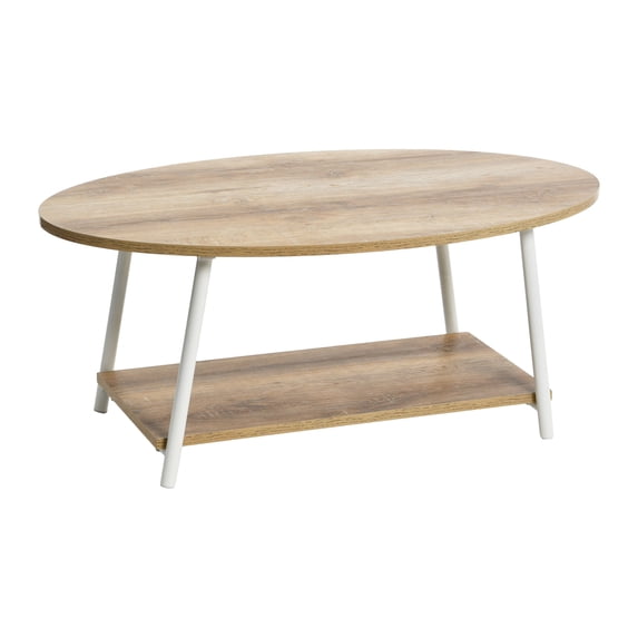 Household Essentials Jamestown Oval Coffee Table with Storage Shelf Coastal Oak Rustic Wood Grain and White Metal