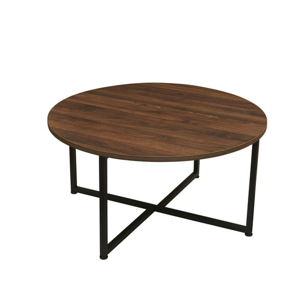 Household Essentials Jamestown Round Coffee Table Mid Century Walnut Wood Grain and Black Metal