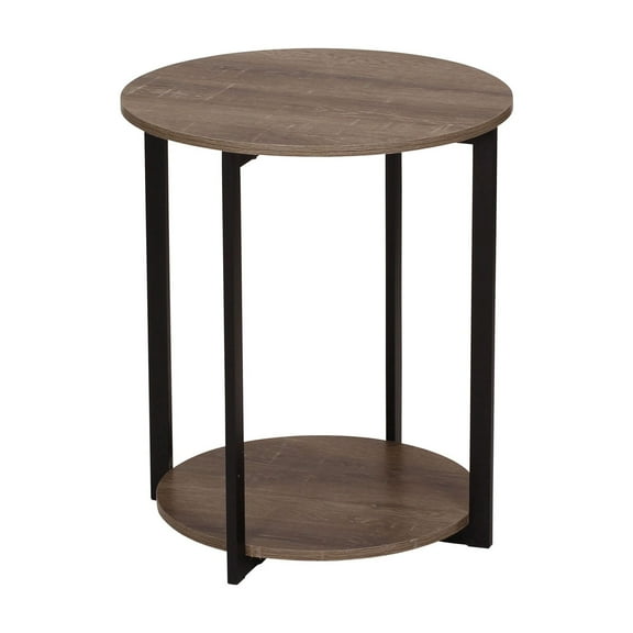 Household Essentials Jamestown Round Side End Table with Storage Shelf Ashwood Rustic Wood Grain and Black Metal