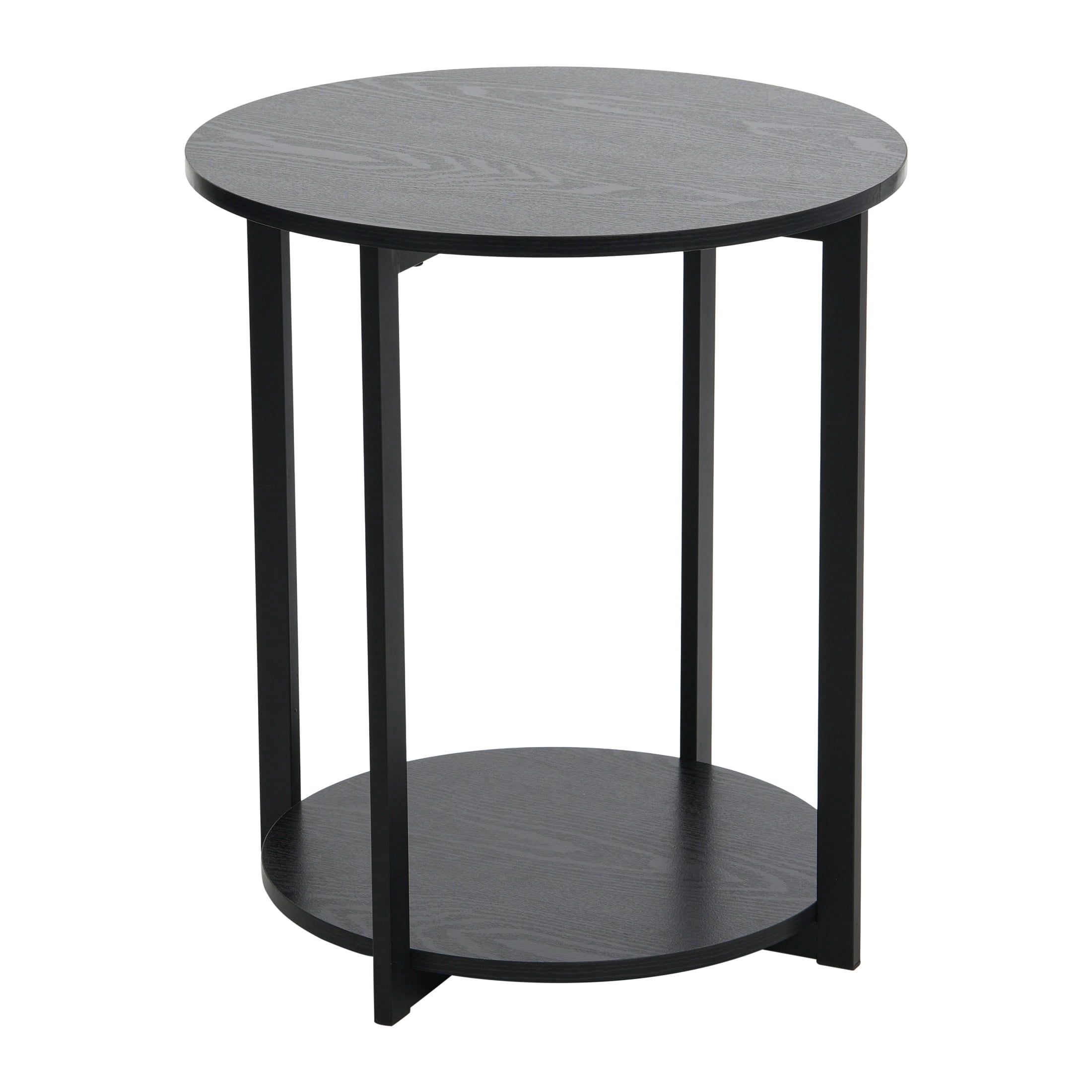 Household Essentials Jamestown Round Side End Table with Storage Shelf Black Oak Wood Grain and Black Metal