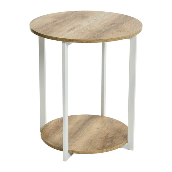 Household Essentials Jamestown Round Side End Table with Storage Shelf Coastal Oak Rustic Wood Grain and White Metal