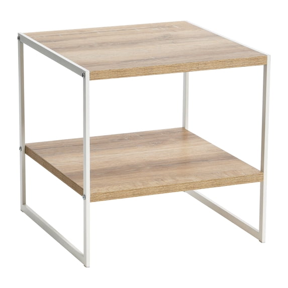 Household Essentials Jamestown Square Side End Table with Storage Shelf Coastal Oak Rustic Wood Grain and White Metal