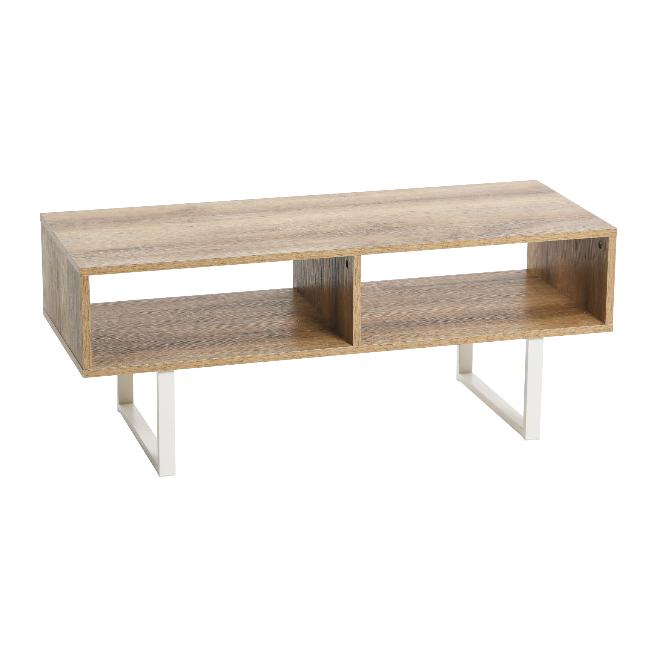 Household Essentials Jamestown TV Stand Coffee Table with Rectangular Storage Compartments Coastal Oak Rustic Wood Grain and White Metal