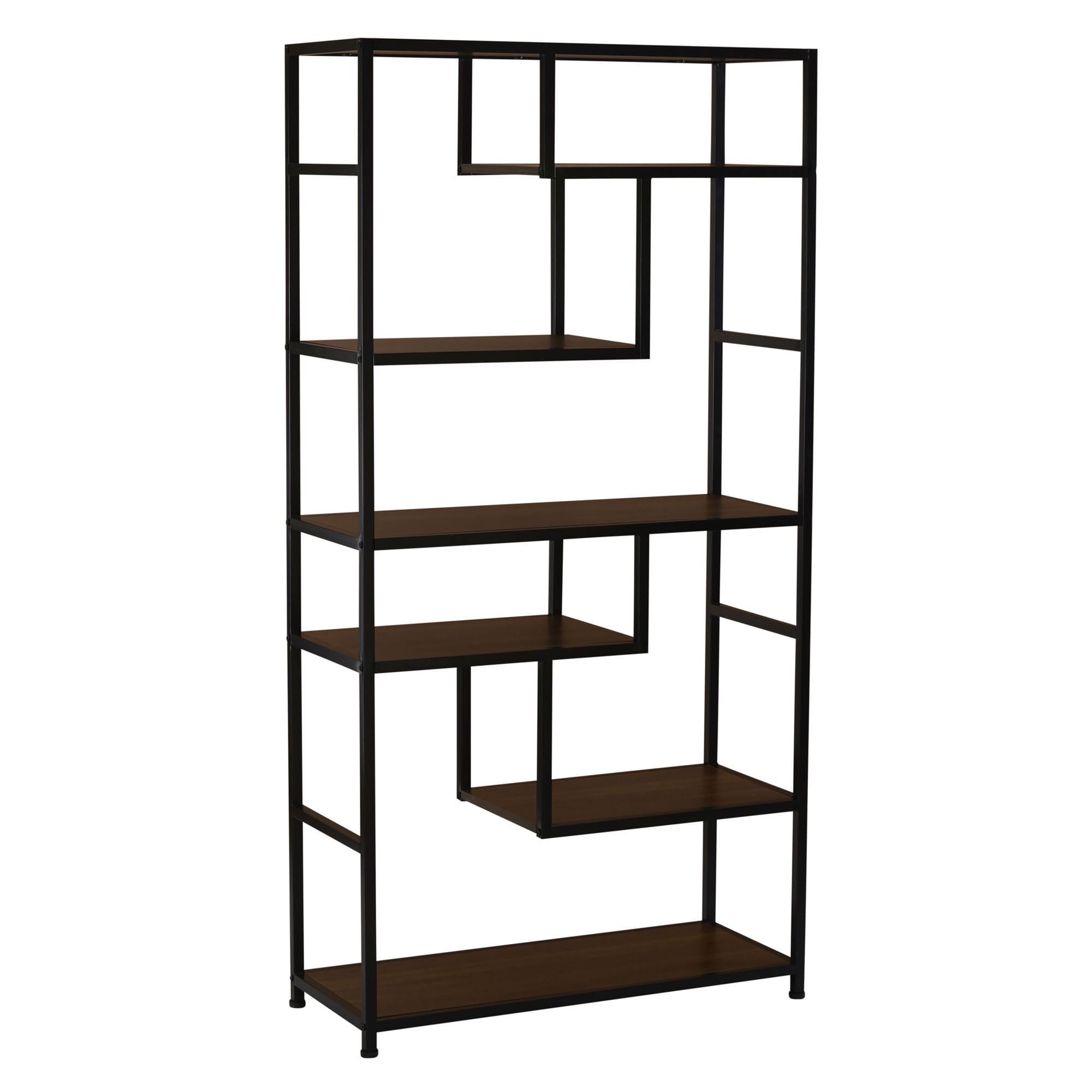 Household Essentials 6 Tier 65'' Tall Etagere Bookcase, Mid Century Walnut