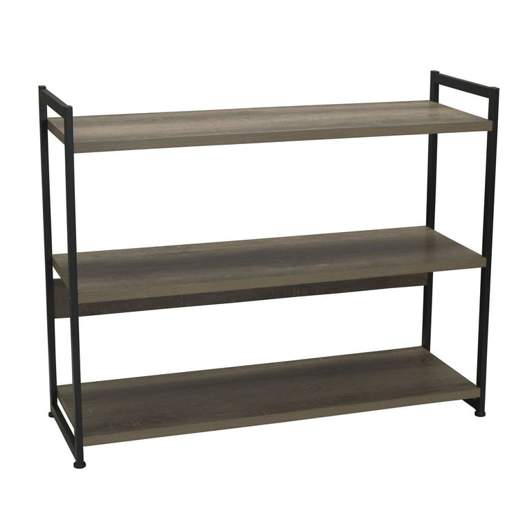 Household Essentials Jamestown Wide 3 Shelf Open Storage Bookshelf Ashwood  Rustic Wood Grain and Black Metal