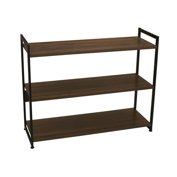 Household Essentials Jamestown Wide 3 Shelf Open Storage Bookshelf Mid Century Walnut Wood Grain and Black Metal