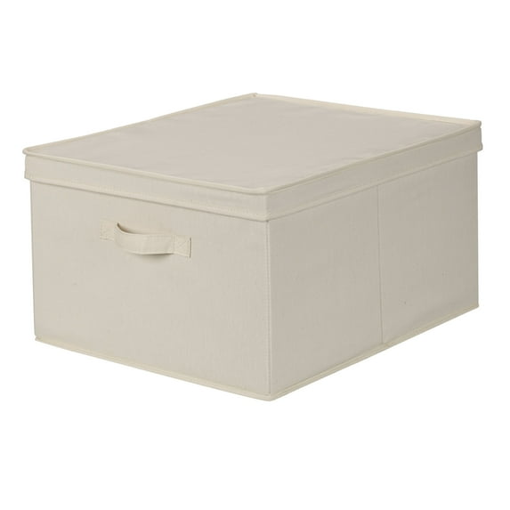 Household Essentials Large Storage Box with Lid, Poly-Cotton Canvas, Fully-Removable Lid, Front Handle, Solid Sides, Stackable, Foldable for Storage, Perfect fit for Standard Shelving, Natural
