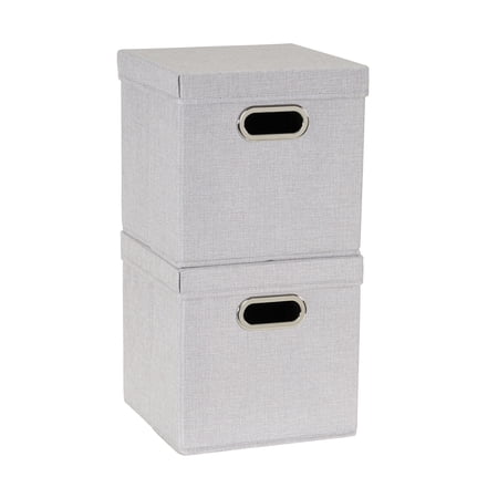 Household Essentials Storage Bins with Lids and Chromed Grommet Handles, Set of 2, Light Gray Textured Linen Look, Fits Standard Cube Shelves
