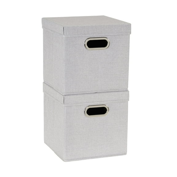 Household Essentials Storage Bins with Lids and Chromed Grommet Handles, Set of 2, Light Gray Textured Linen Look, Fits Standard Cube Shelves