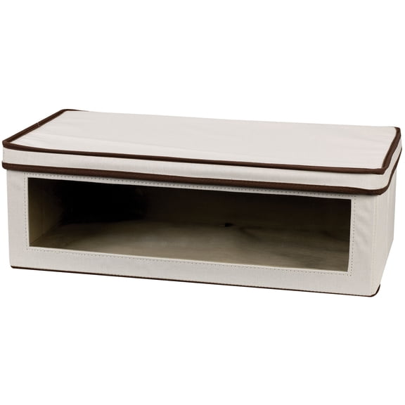 Household Essentials Large Canvas Storage Box, Vision Box with Clear Front Panel, Reinforced Poly-Cotton Canvas, Fully-Removable Lid, Folds for Storage, Natural with Brown Trim