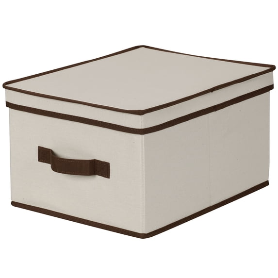Household Essentials Large Storage Box with Lid, Soft Poly-Cotton Canvas with Reinforced Frame, Fully-Removable Lid, Front Handle, Versatile, Foldable and Stackable, Natural with Coffee Trim