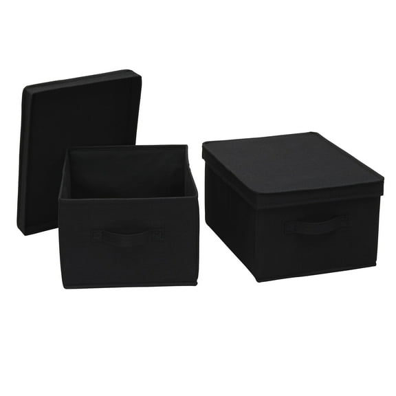 Household Essentials Large Fabric Storage Bins 2 Pack, Soft Poly Linen with Sturdy Sides, Attached Handle and Fully Removable Lid, Black