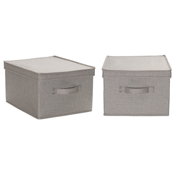 Household Essentials Large Fabric Storage Bins 2 Pack, Soft Poly Linen with Sturdy Sides, Attached Handle and Fully Removable Lid, Gray