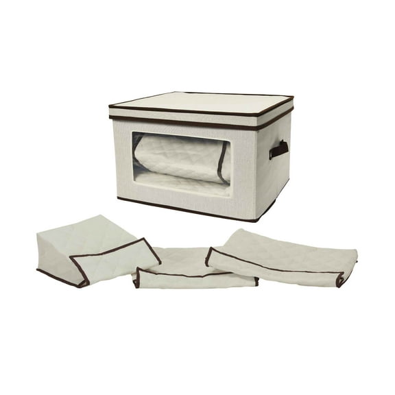 Household Essentials Large Serveware Storage Box, Polyester Canvas with Fiberboard Sides, 3 Protective Pouches, Foldable and Stackable, Fully Removable Lid, Natural with Brown Trim