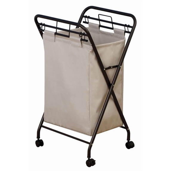 Household Essentials Rolling Laundry Hamper, Heavy Duty Canvas Bag, 2 Load Capacity, Foldable Frame, Natural Bag with Velcro Fasteners, Antique Bronze