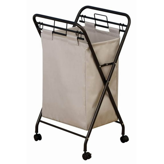 Household Essentials Rolling Laundry Hamper, Heavy Duty Canvas Bag, 2 Load Capacity, Foldable Frame, Natural Bag with Velcro Fasteners, Antique Bronze