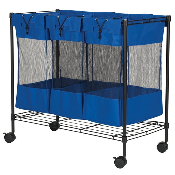 Household Essentials Laundry Sorter with Wheels, Triple Removable Mesh Bags, Sturdy Wire Frame, Smooth Glide Casters, Wide Functionality, Blue and Black