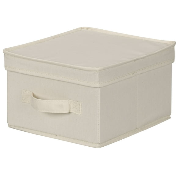 Household Essentials Medium Storage Bin with Lid, Durable Poly-Cotton Canvas, Sturdy Sides and Base, Convenient Front Handle, Foldable and Stackable for Compact Storage, Natural