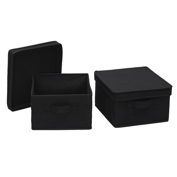 Household Essentials Medium Storage Box with Lid in Breathable Canvas and Convenient Handle, Black, Set of 2