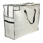 Household Essentials MightyStor Storage Tote Bag, Large, Extra-Durable PE Canvas with 4 Handles, Tear Resistant, Strong Zipper, Lightweight, Perfect for Long-Term Storage, White and Black