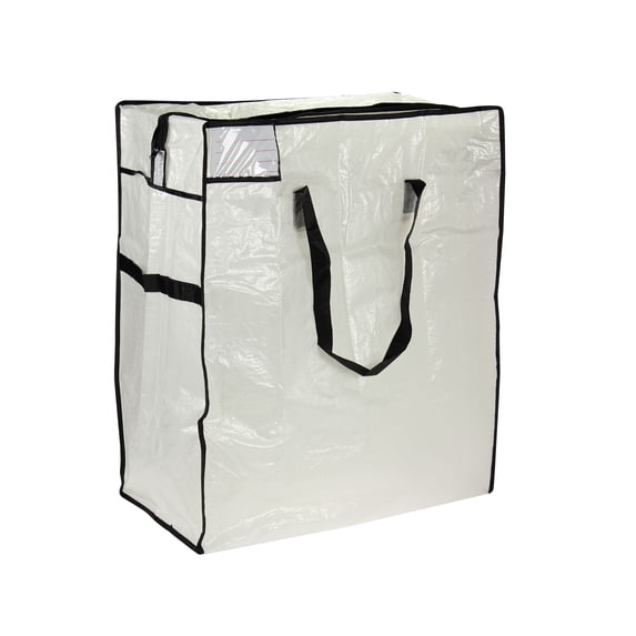 Household Essentials MightyStor Storage Tote Bag, Medium, Extra-Durable PE Canvas with 4 Handles, Tear Resistant, Strong Zipper, Lightweight, Perfect for Long-Term Storage, White and Black