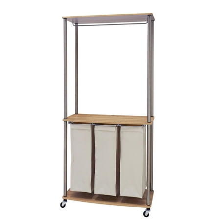 Household Essentials 3-Bag Laundry Center with Woodgrain Top, Steel Frame, Washable Linen Bags and Hanging Bar, Light Ash