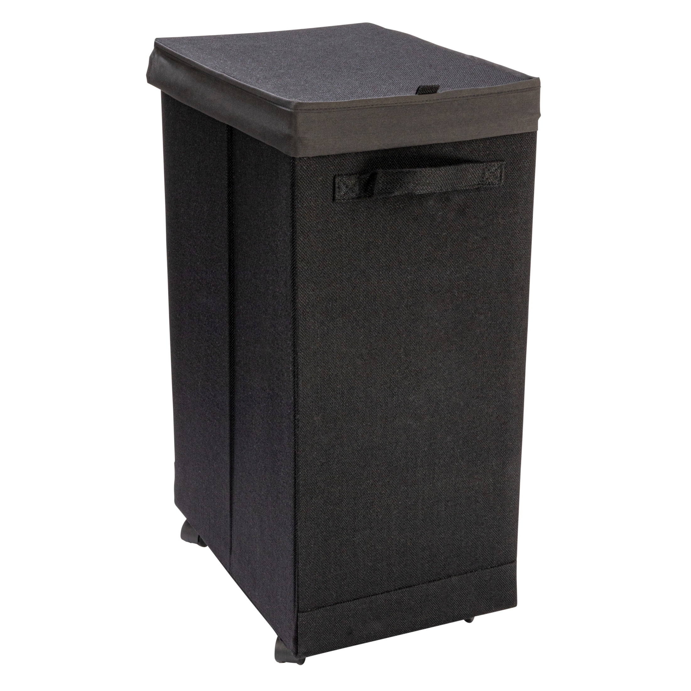 Black Collapsible Polylinen Laundry Hamper with Wheels and Lid