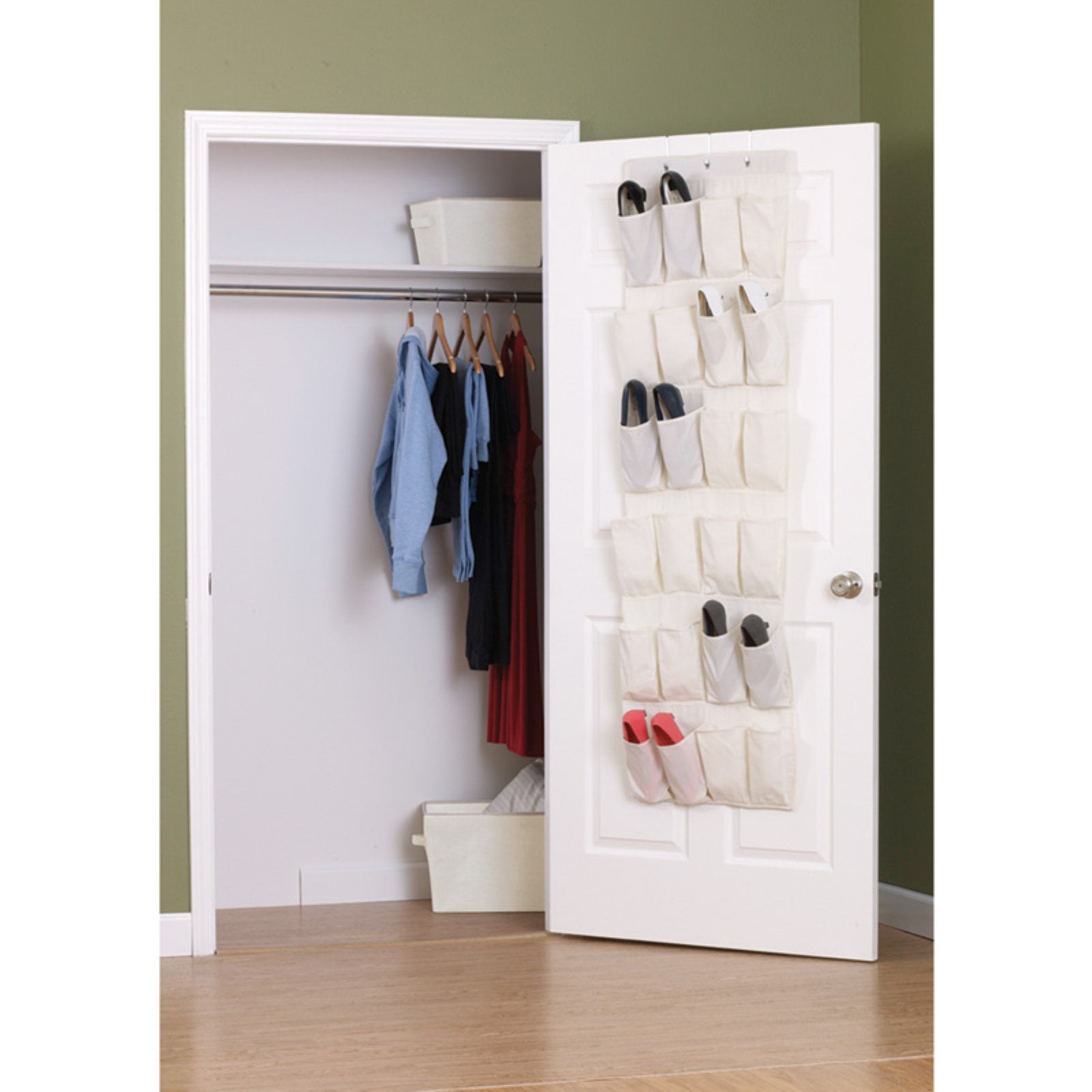 Mainstays 24 Pocket over the Door Non Woven Closet Shoe Organizer, Arctic  White, Adult and Kids 