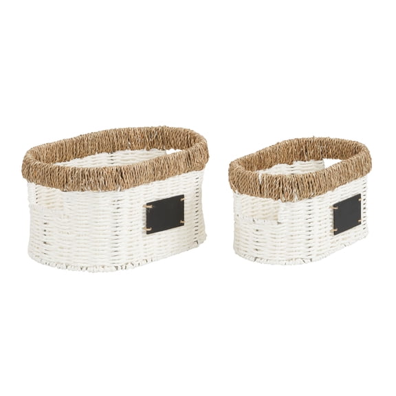 Household Essentials Natural Trim White Woven Oval Baskets | 2 pc. Set Paper Rope and Seagrass