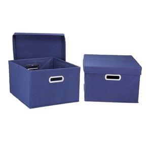 Household Essentials Storage Boxes with Lids, 2 Piece Set with Durable Grommet Handles, PP Non-Woven Fabric with Strong Chipboard Siding, Foldable and Stackable, Easily Accessible, Versatile, Navy