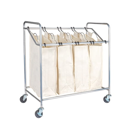Household Essentials Heavy-Duty Quad Sorter, Rolling Laundry Sorter, 4 Bag Laundry Sorter Cart with Washable and Removable Bags, Chrome