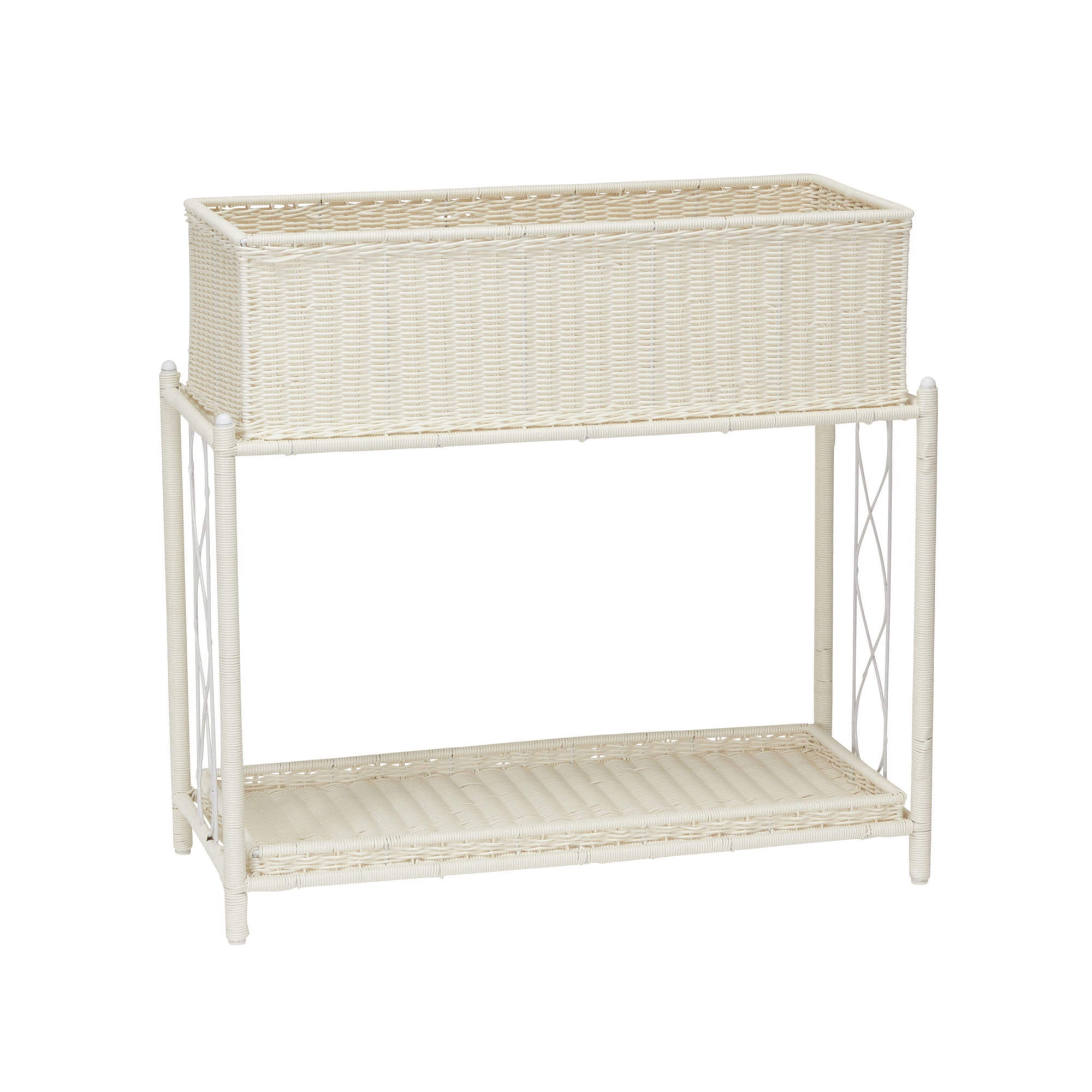 White Resin Wicker Two-Tier Indoor Outdoor Planter Stand