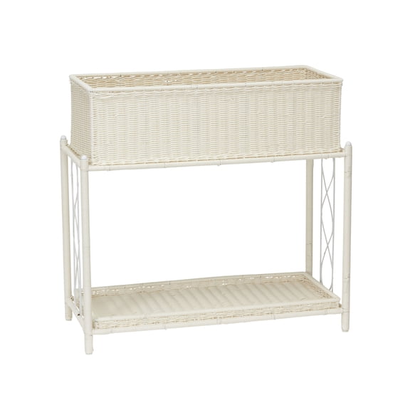 Household Essentials Raised Two Tier Plant Stand with Two Interchangeable Shelves, White Resin Woven Planter and Tray with Decorative Wire Frame, Great Indoors or Outdoors for Plants or Other Storage