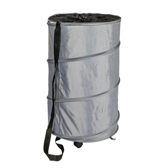Household Essentials Rolling Pop Up Hamper, Drawstring Closure with Shoulder Strap and Removable Wheels, grey