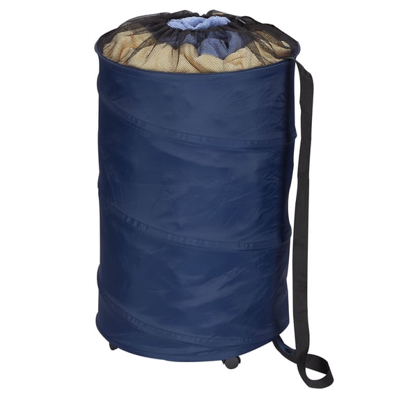Household Essentials Rolling Pop Up Hamper, Drawstring Closure with Shoulder Strap and Removable Wheels, Blue