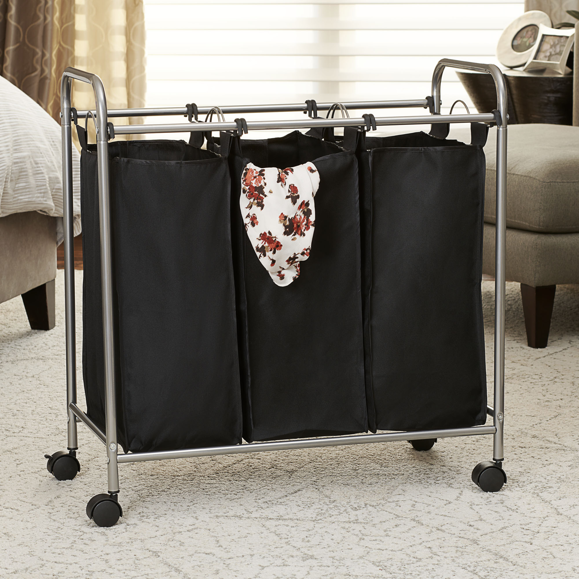 Household Essentials Rolling Triple Laundry Sorter, Black - image 1 of 3