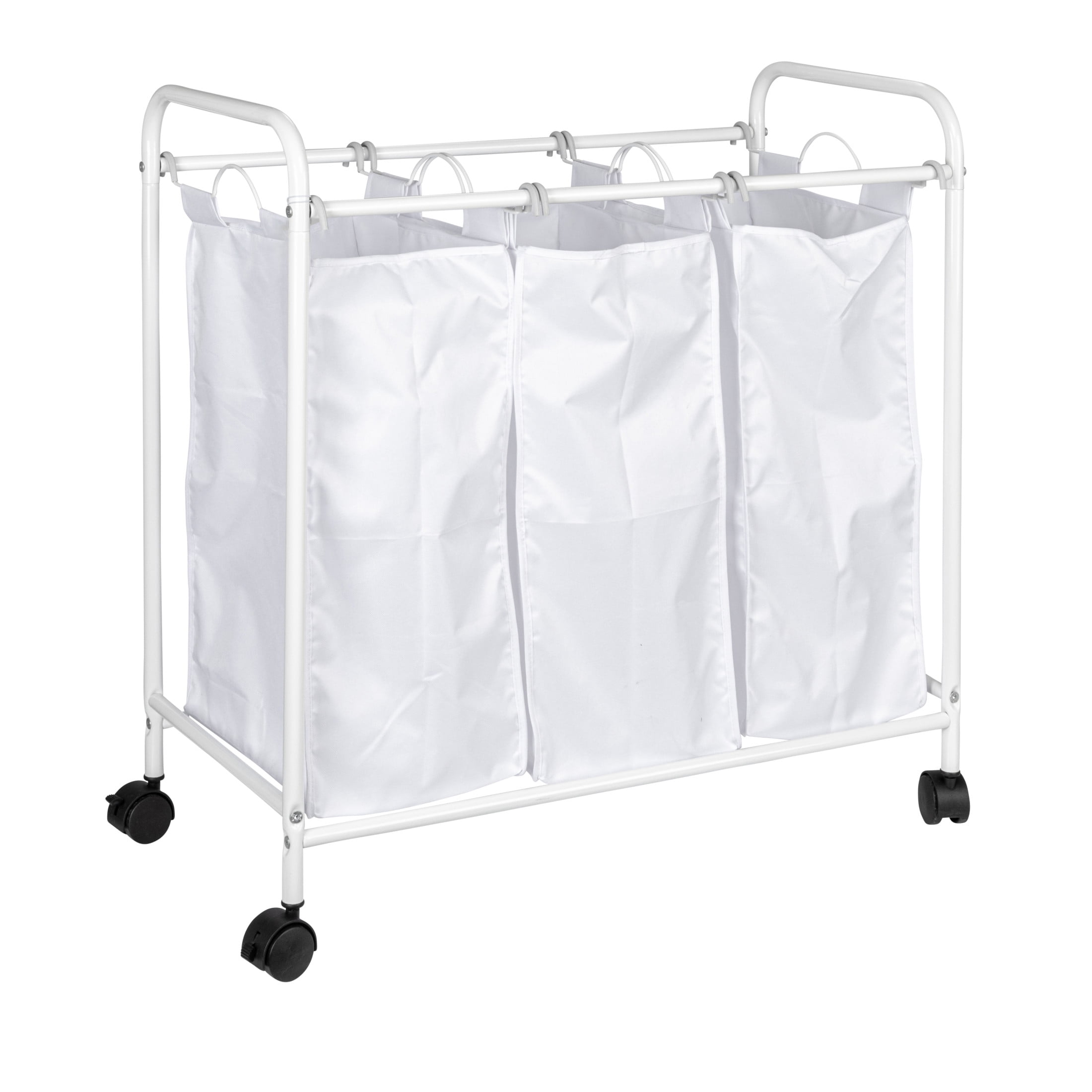 White Steel Frame Triple Laundry Sorter with Wheels