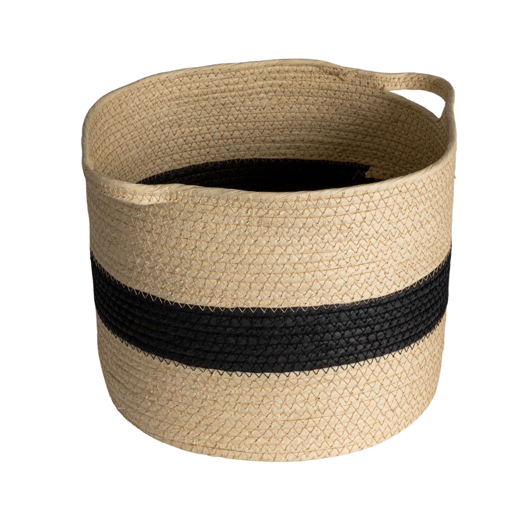 Natural Handwoven Paper Rope Basket with Black Stripe and Handles