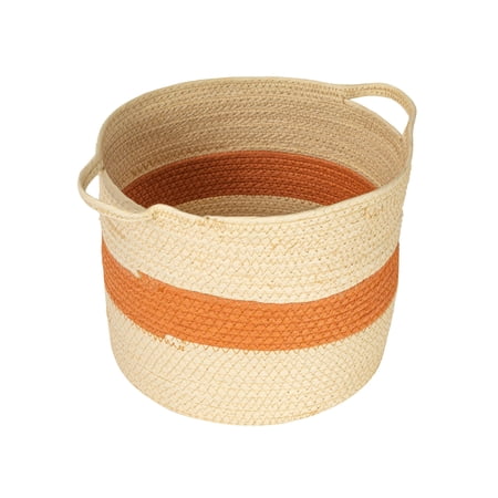 Household Essentials Round Handwoven Paper Rope Basket with Terracotta Stripe and Handles, Natural